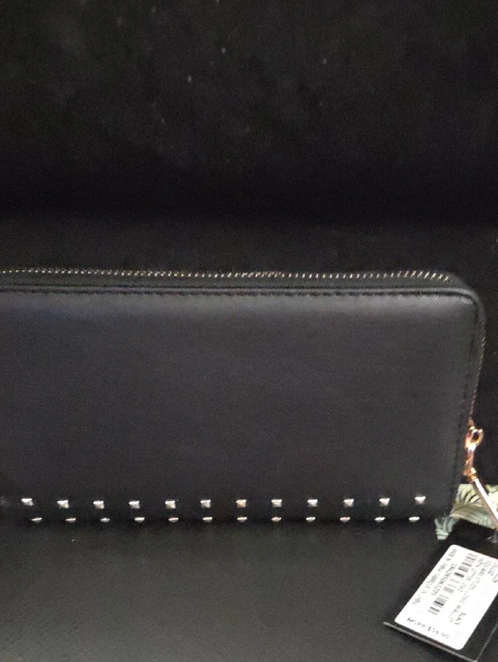 Badgley Mischka Black Zip Wallet with Gold Logo and Stud Accents